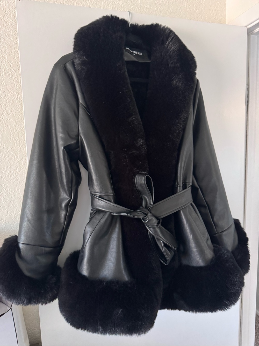 Black Faux Leather Belted Jacket with Plush Trim